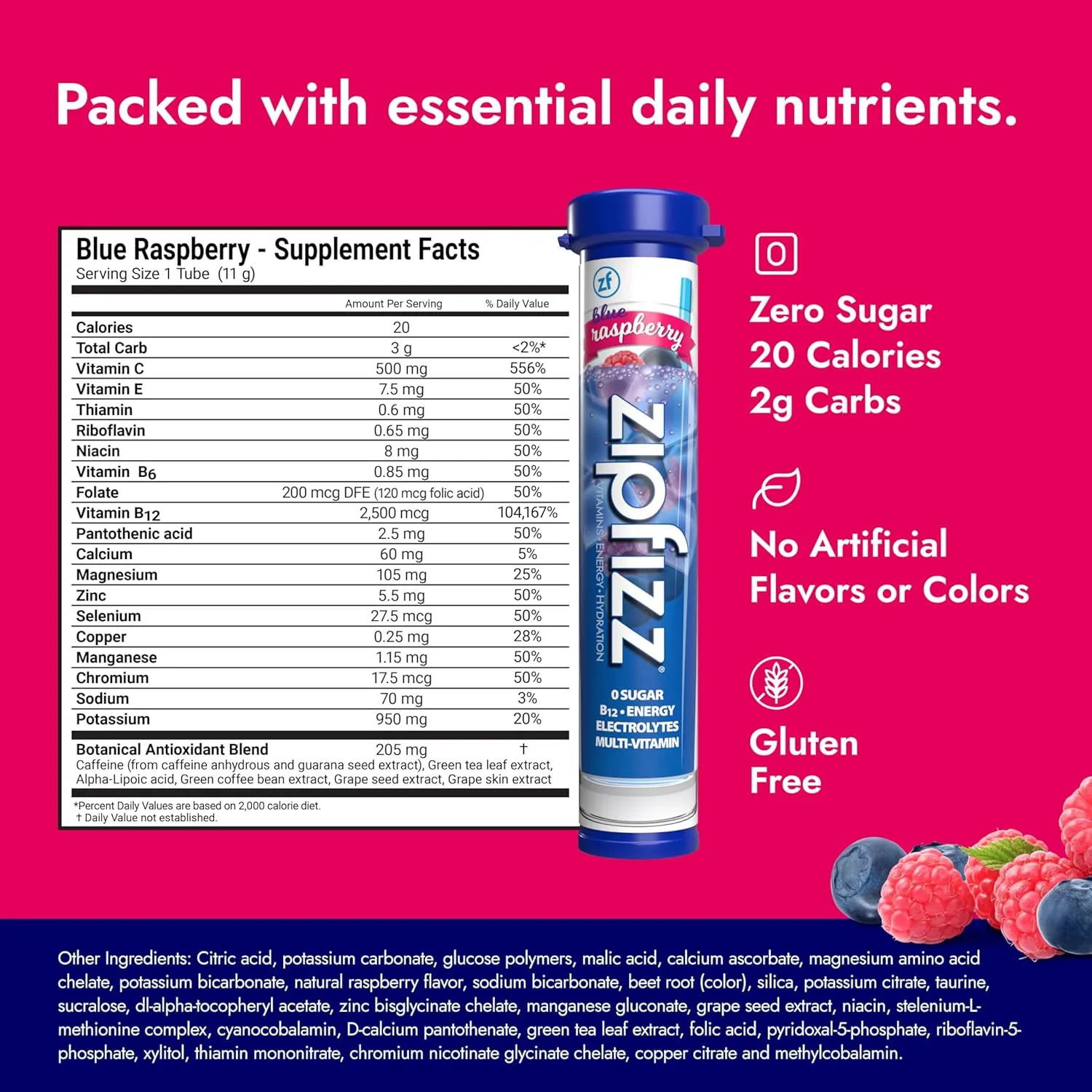 Zipfizz Daily Energy Drink Powder, Blue Raspberry, 20 Pack | 3-in-1 Sustained Energy, Rapid Hydration, and Essential Vitamins | Sugar-Free | Electrolyte Powder | Contains Vitamin B-12 & Antioxidants